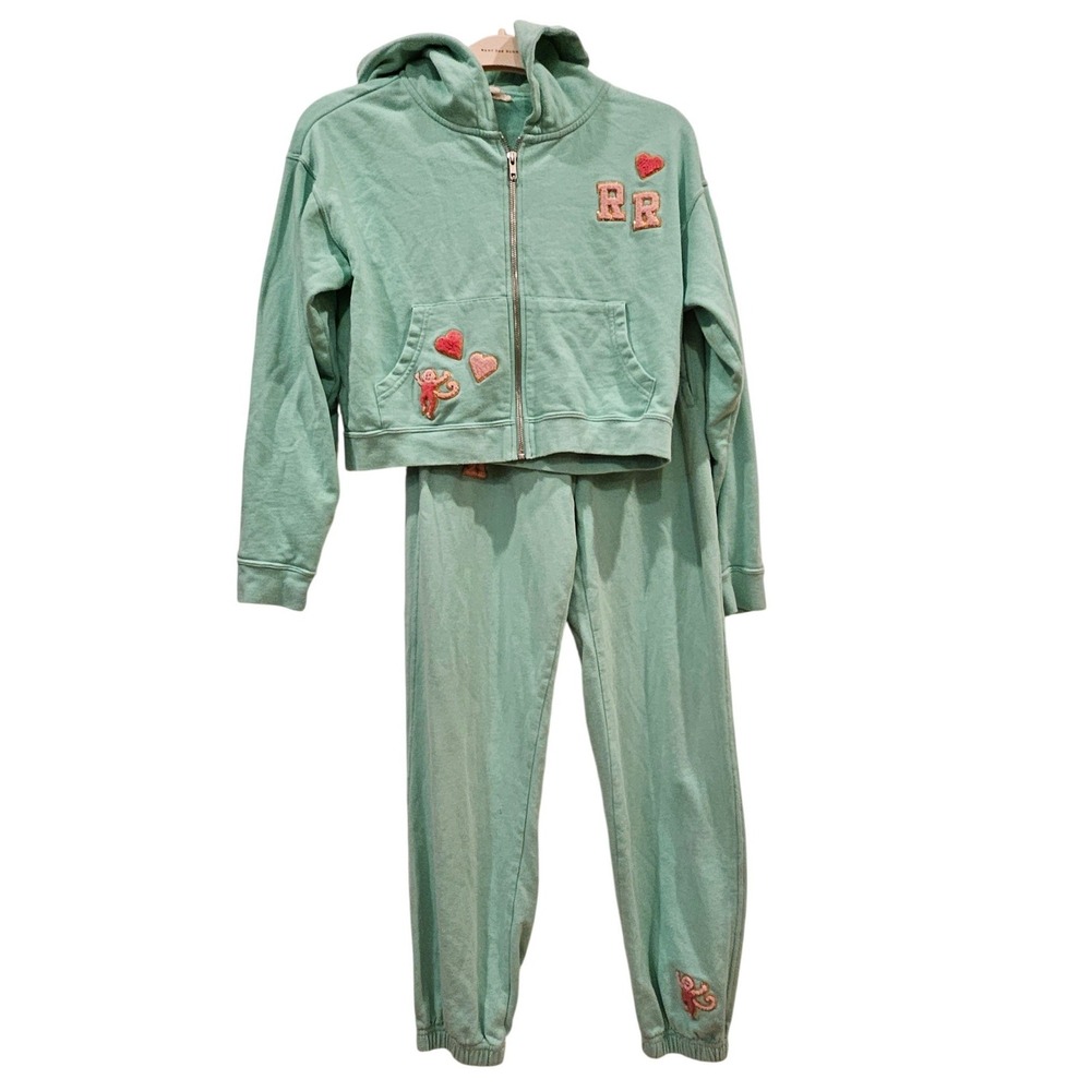 Roller Rabbit Mint Green Embroidered Heart Monkey Hoodie Jogger Set XS
